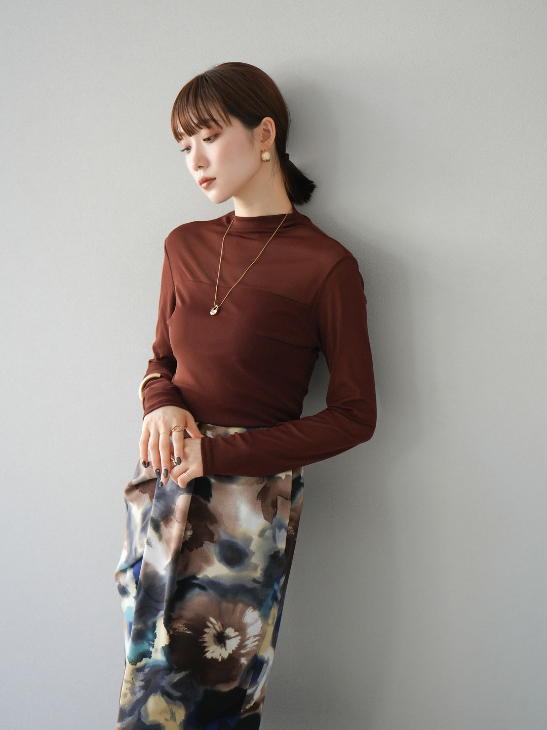[予約]シアー切替ストレッチ長袖トップス/ブラウン
