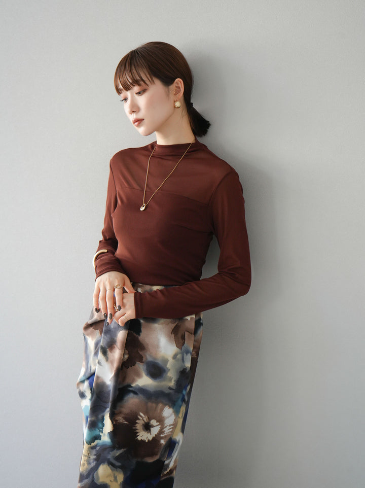 [予約]シアー切替ストレッチ長袖トップス/ブラウン