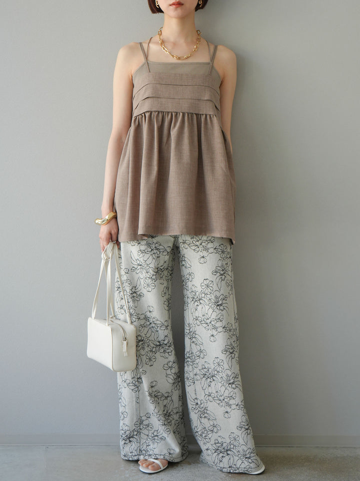 【預購】花朵提花牛仔寬褲/黑