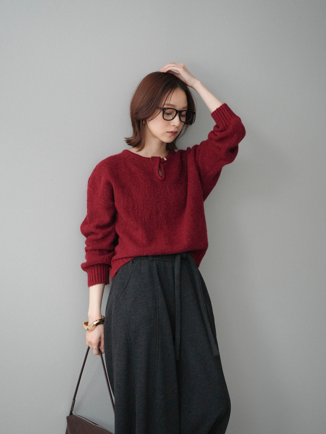 [予約]ツイストネックラメネップヤーンニットプルオーバー/red