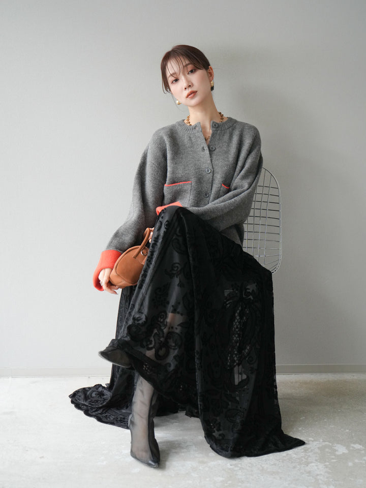 [SET]バイカラーオーバーニットカーディガン+アンティーク柄フロッキーマキシスカート(2set)