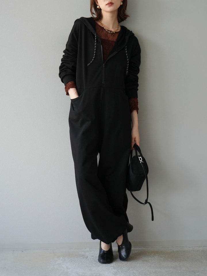 [予約]ミニ裏毛フーディージャンプスーツ/ブラック