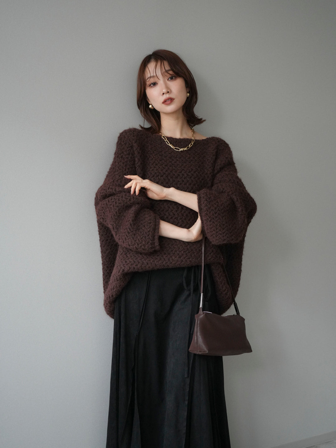 [予約]ワッフル編みオーバーニットプルオーバー/brown