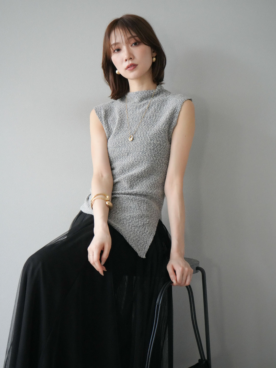 [SET]ブークレアシメニットノースリーブトップス+チュールボリュームスカート(2set)