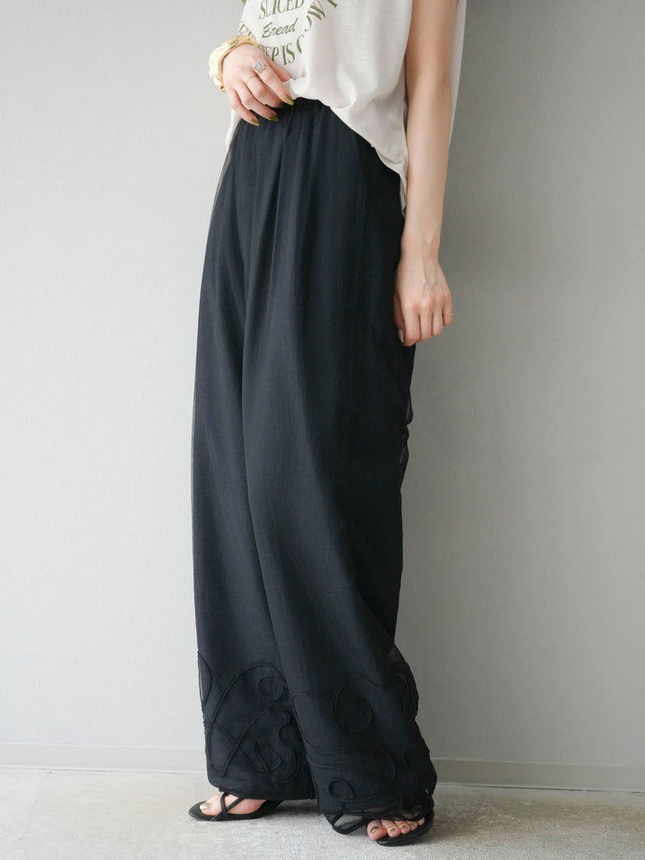 [SET]シアーフライス ロゴプリントT +コード刺繍チュールレイヤードパンツ(2set)