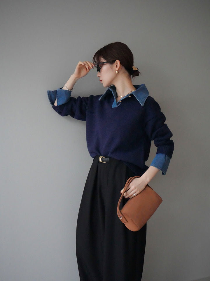 [SET]デニム襟ポロニットプルオーバー+ベルトループデザインワイドパンツ(2set)