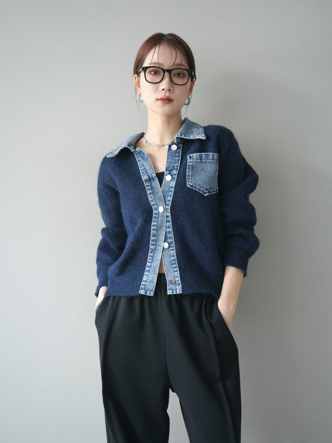 [予約]デニム襟ポケットニットカーディガン/navy