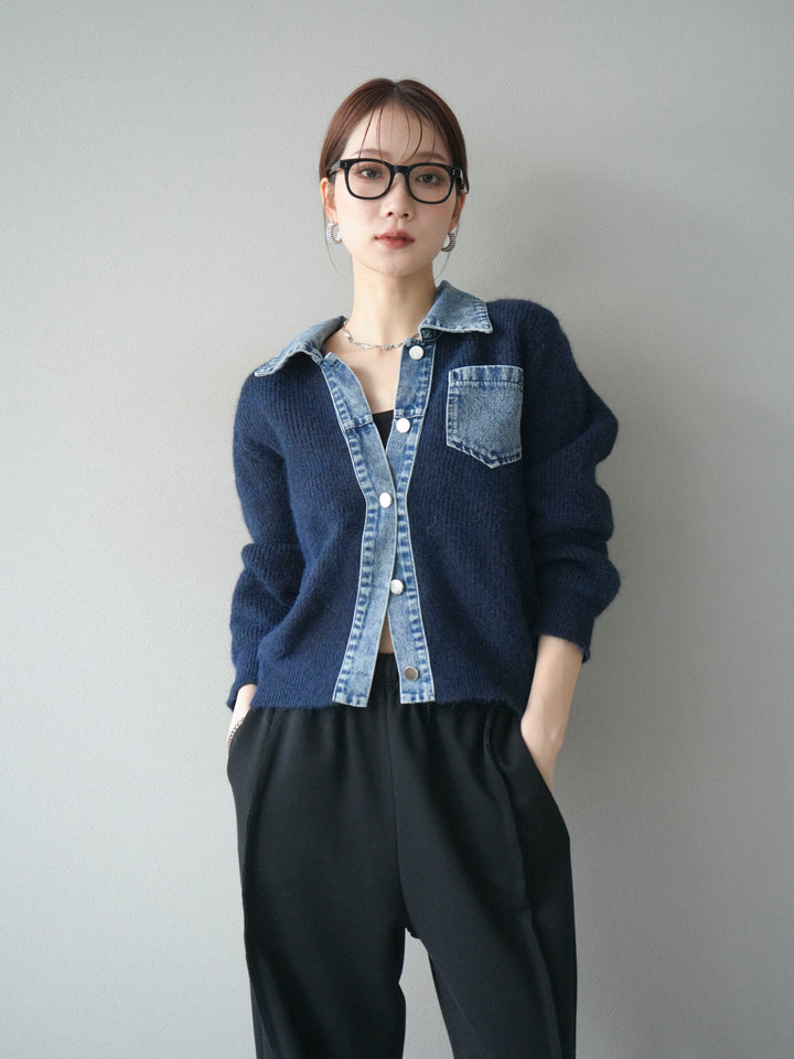 [予約]デニム襟ポケットニットカーディガン/navy