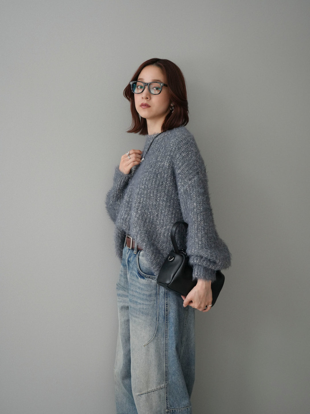 [SET]ボリュームスリーブシャギー MIXニットプルオーバー+ベルト付カーブデニムパンツ(2set)