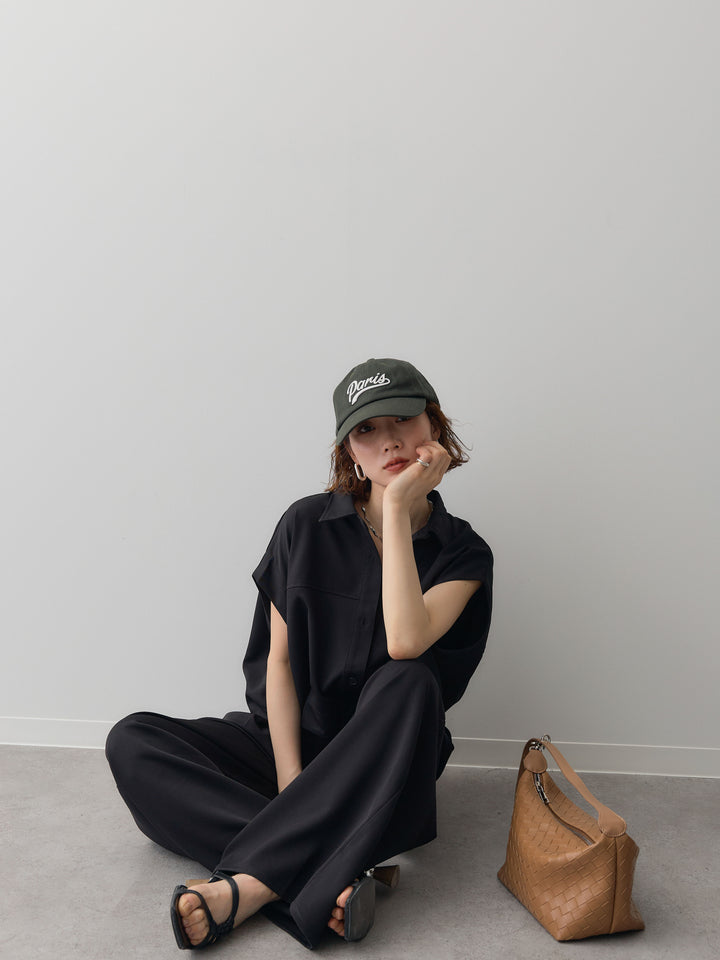 【套裝】縐綢燈籠無袖襯衫 + 縐綢闊腿褲（兩件套）