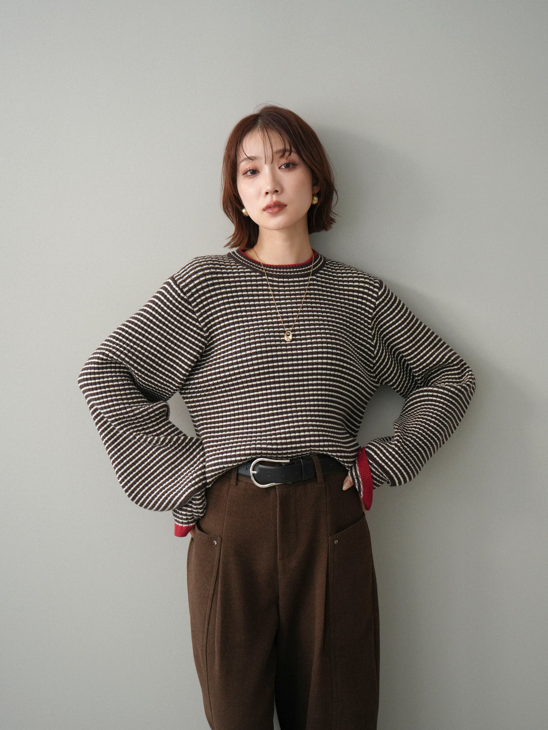 [予約]ラメ異素材ボーダーリブニットプルオーバー/brown×red