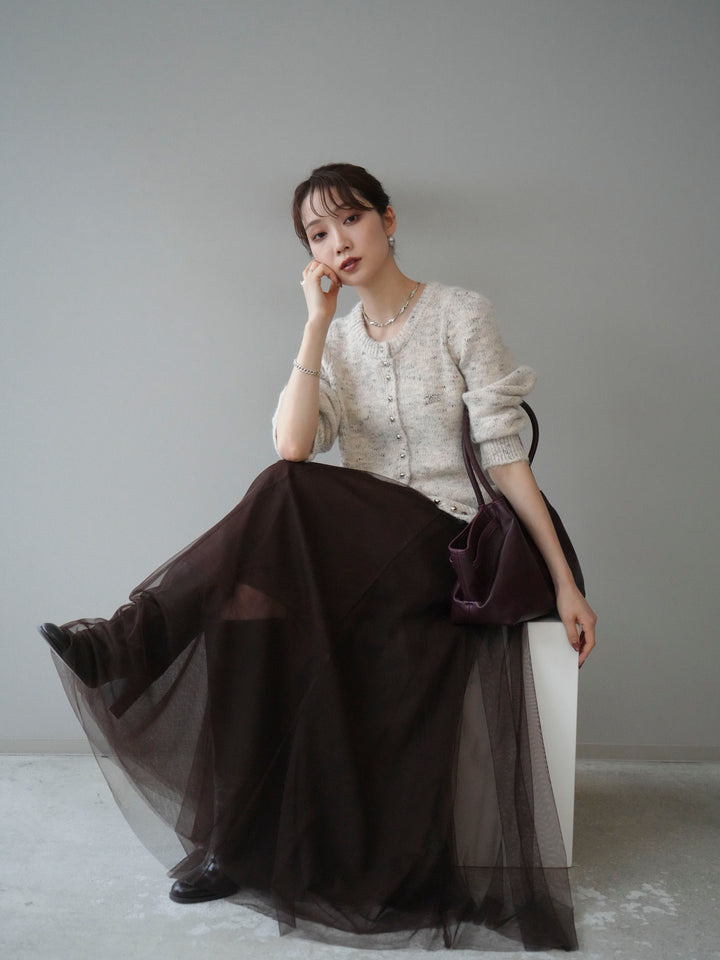 [予約]ブローチ付silverボタンミックスニットカーディガン/beige