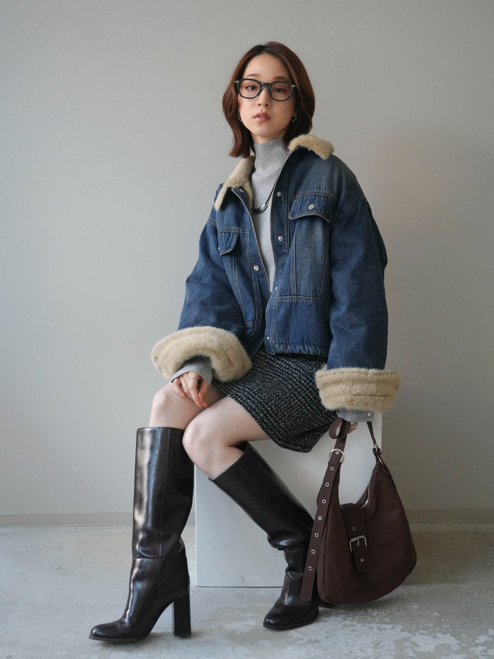 [予約]デニム×ファーステンカラーショートジャケット/blue