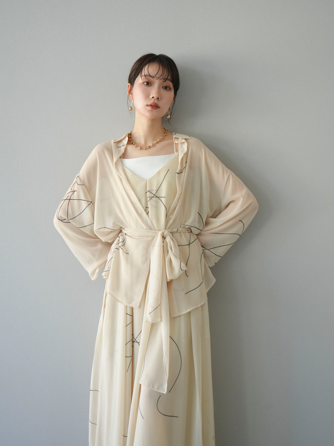 [SET]ペンタッチシフォンキャミワンピース+ペンタッチシフォンシャツ(2set)