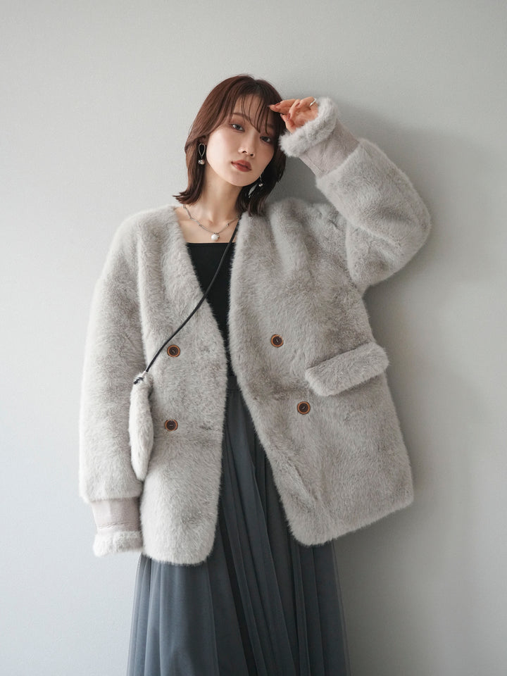 [SET]バッグ付エコファーノーカラーコート+チュールボリュームスカート(2set)