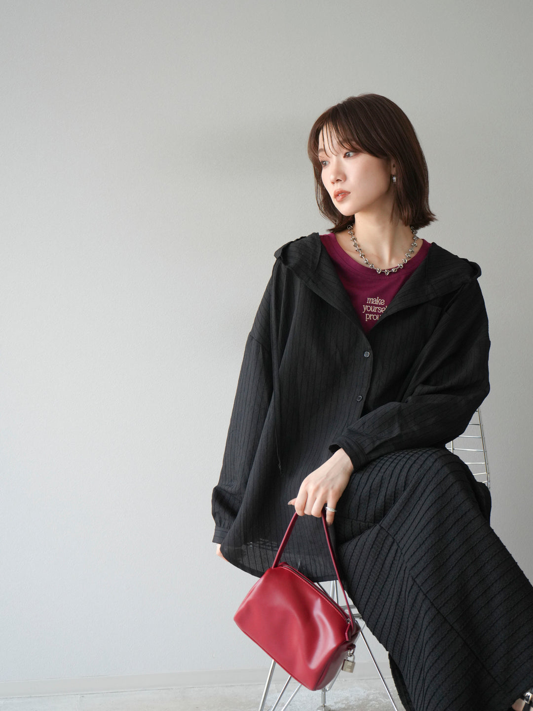 [予約]ワッシャーストライプフーディーシャツ/ブラック