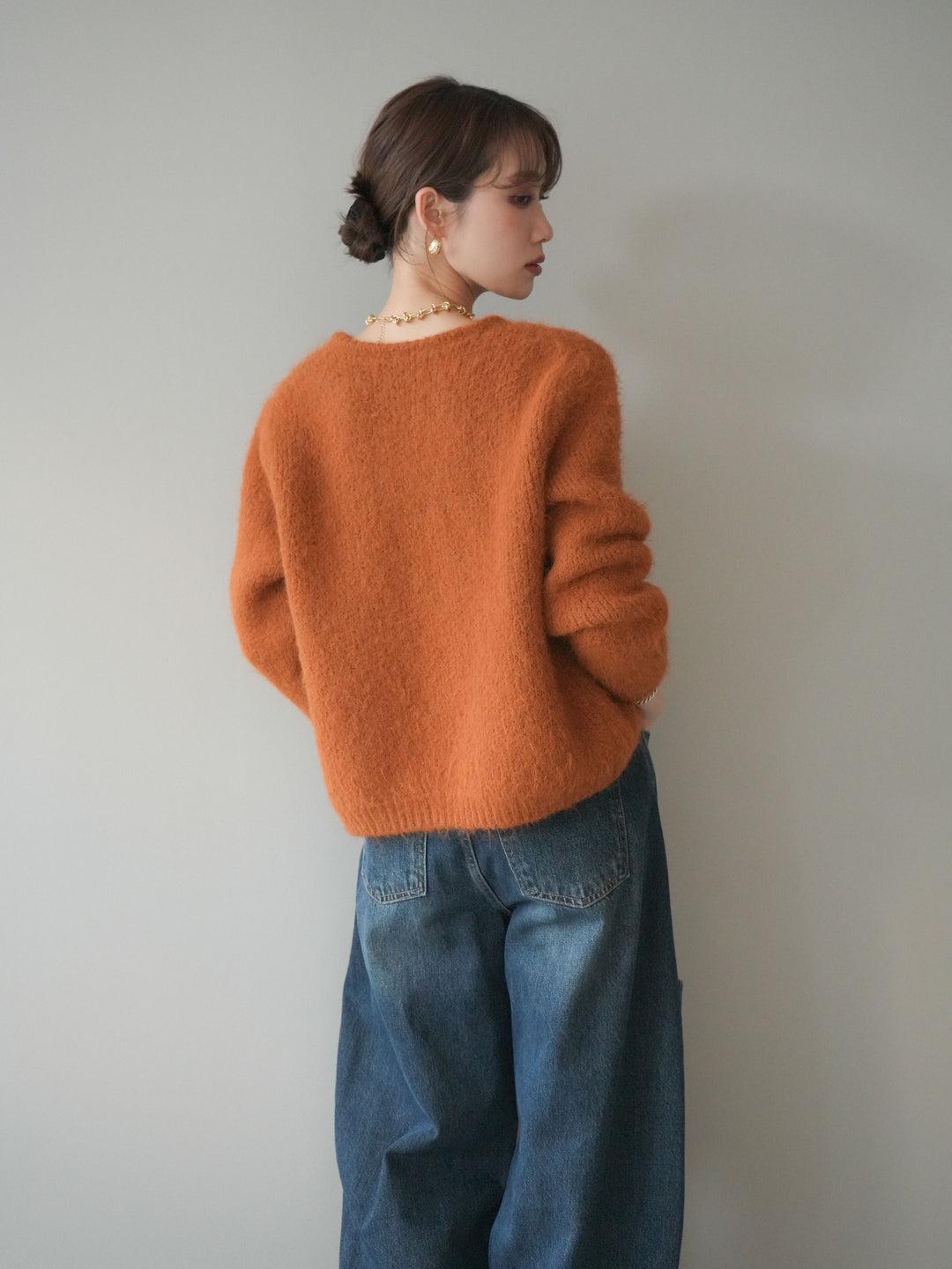 [予約]キーネックシャギーニットカーディガン/camel