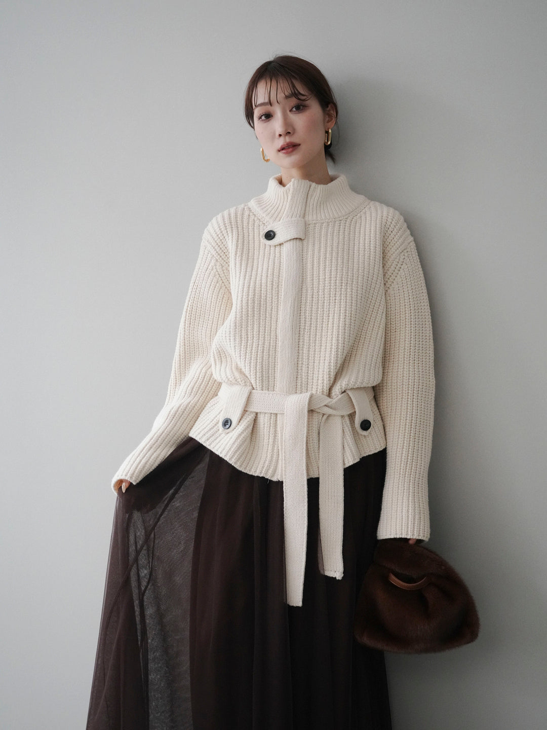 [予約]畦編みボトルネックZIPニットカーディガン/white