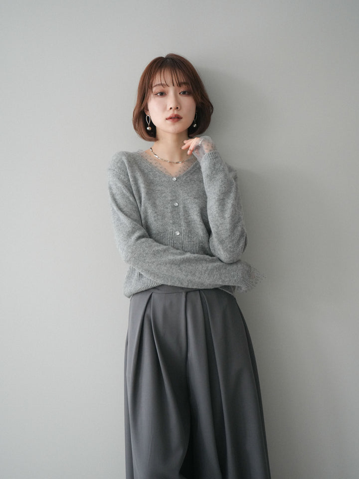 [SET]ドットチュールレイヤードボタンニットトップス+テープベルトタックバギーパンツ(2set)