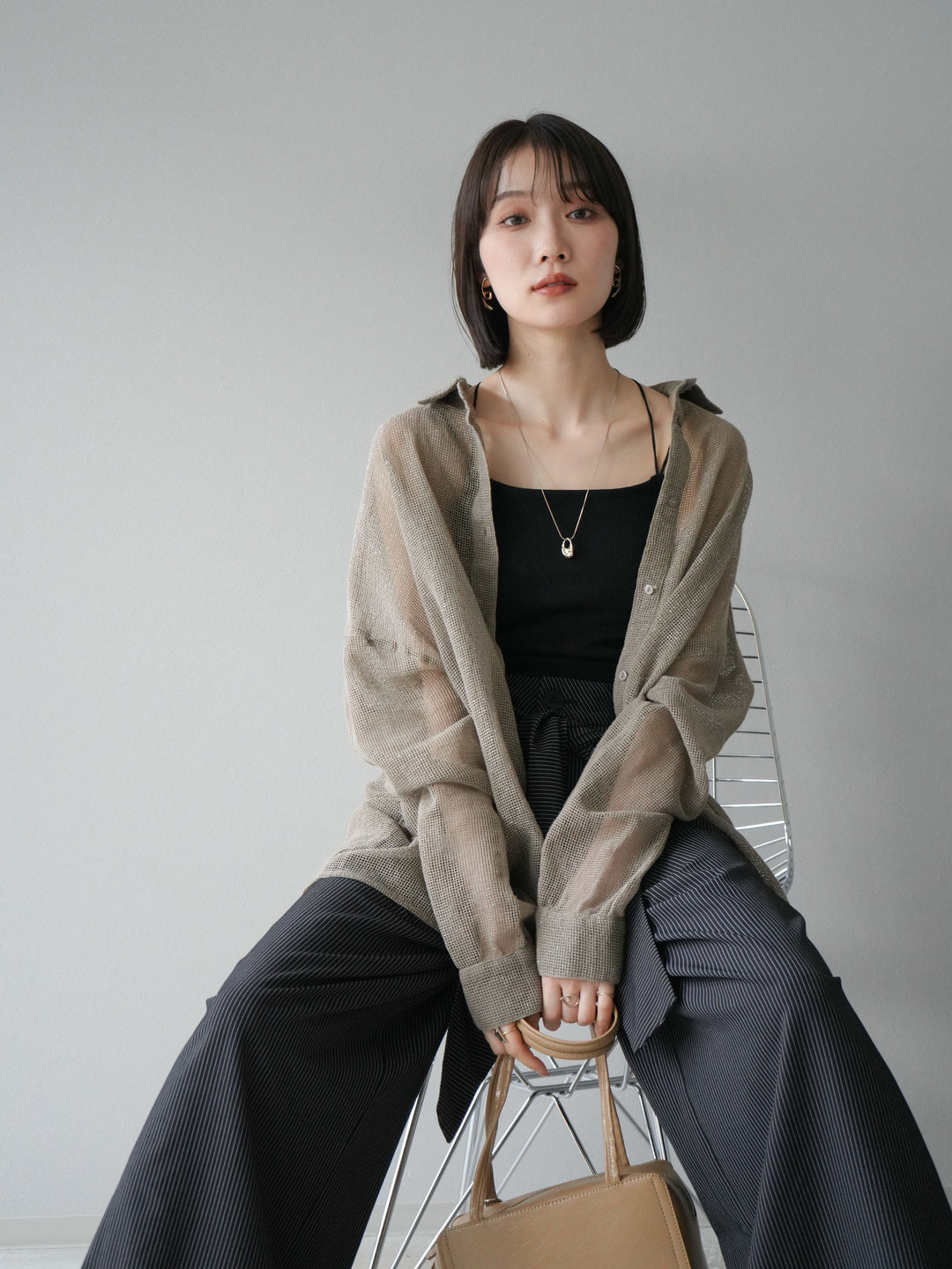 [予約]コットンラメメッシュオーバーシャツ/ベージュ