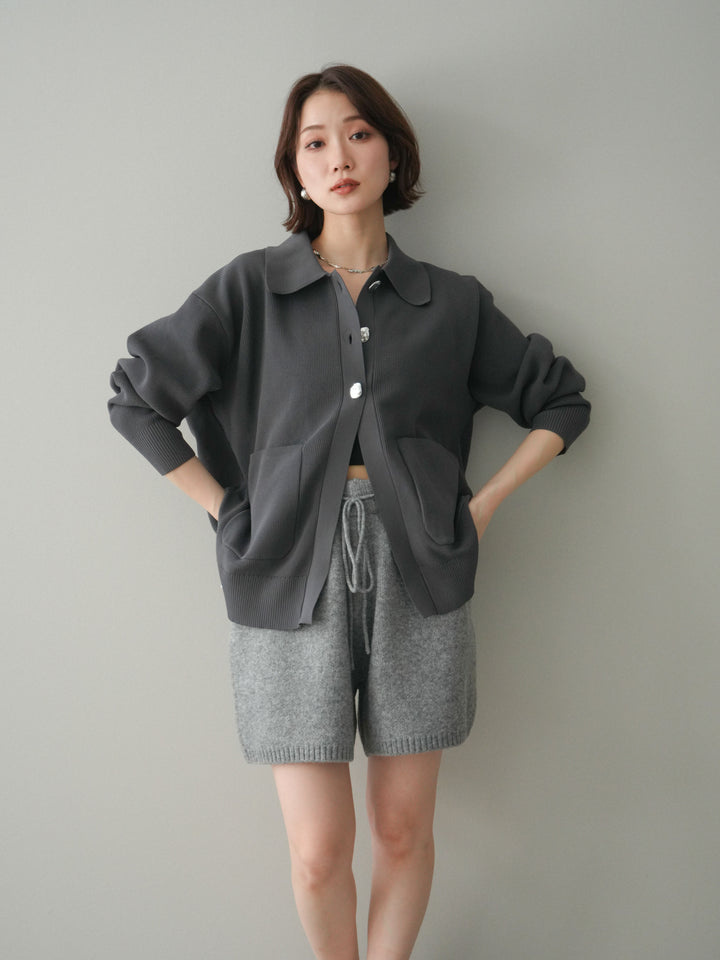 [予約]メタルボタン襟付きポリエステルニットカーディガン/charcoal