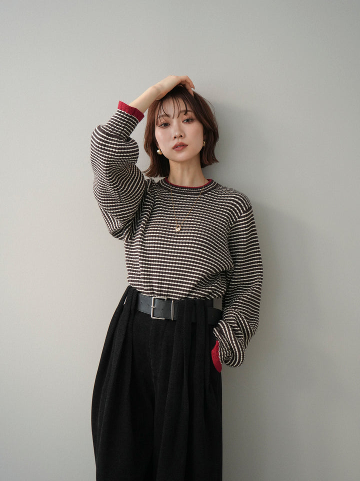 [予約]ラメ異素材ボーダーリブニットプルオーバー/brown×red