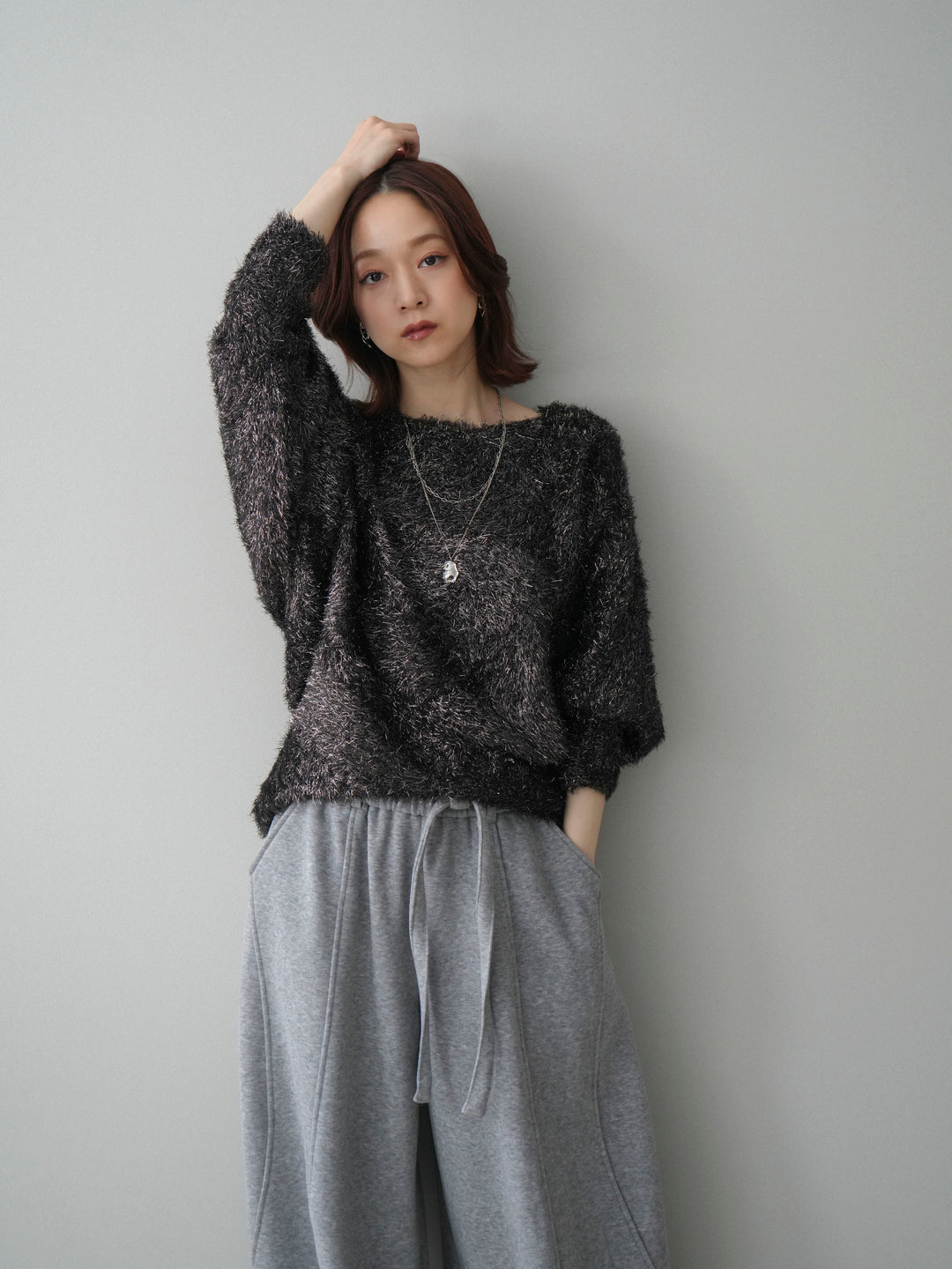 [予約]ラメシャギードルマンニットプルオーバー/brown