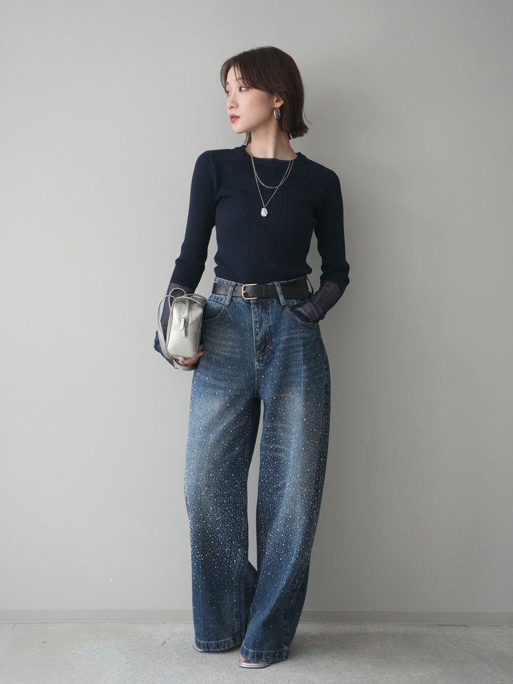 [SET]リブラメシアー切替リブニットトップス+ラインストーンカーブデニムパンツ(2set)