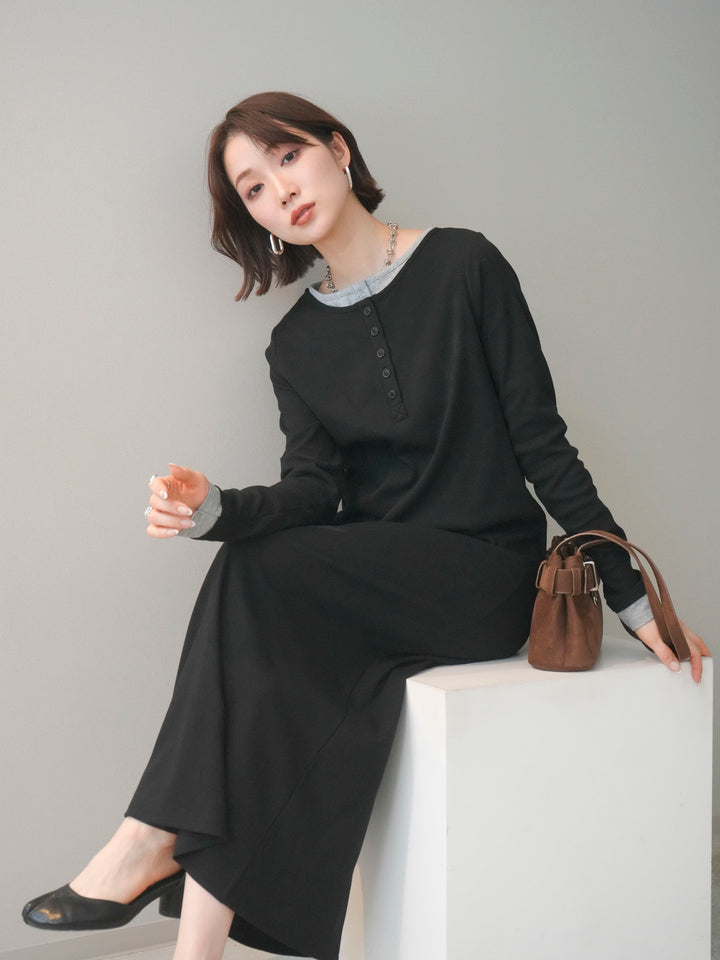 [予約]配色レイヤードヘンリーネックカットリブワンピース/black