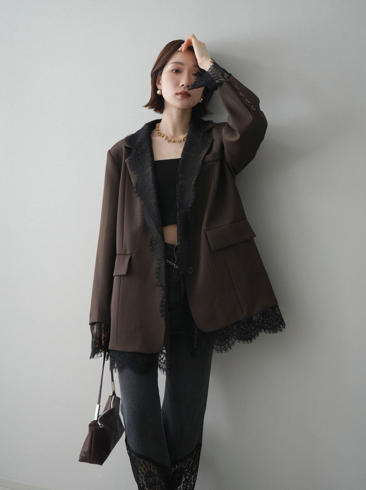 [予約]レースドッキングオーバージャケット/brown