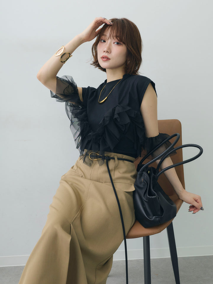 [SET]マルチwayフリルフレンチTEE+クレープデシンフラップ付きストレートスカート(2set)