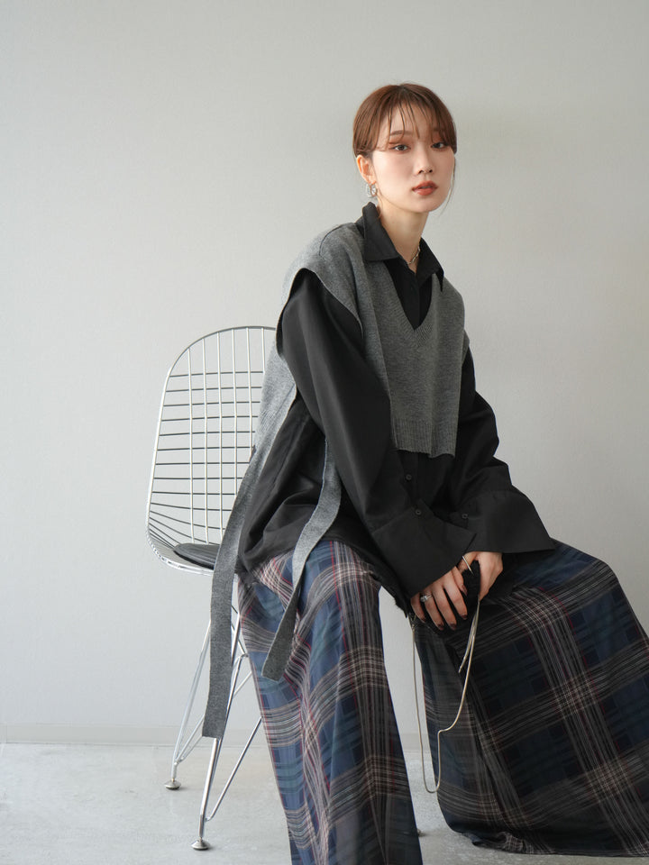 [予約]サイドリボンVネックショートニットベスト/チャコール