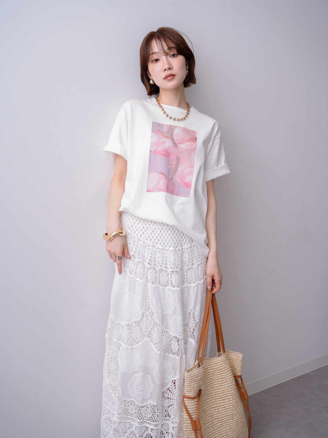 [SET]ニュアンスフローラルフォトTEE+クロシェマキシスカート(2set)