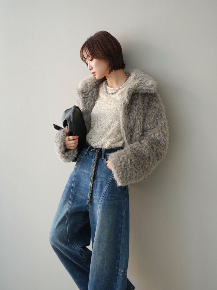 【套裝】短款人造毛領罩衫+磨毛牛仔修身褲（兩件套）