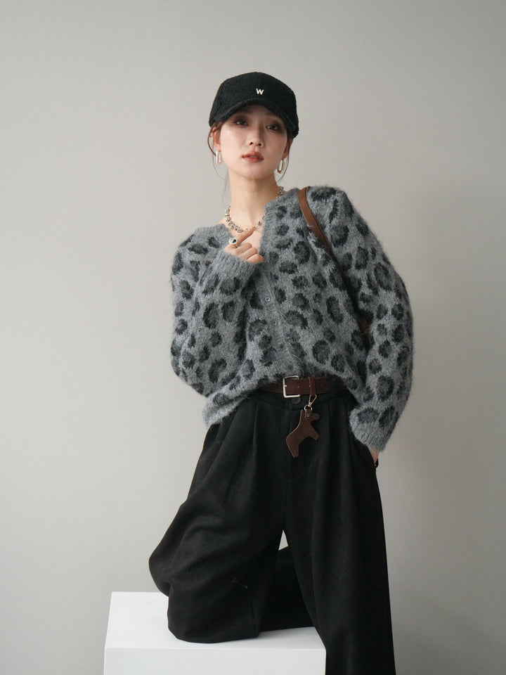 [予約]モヘアタッチレオパード柄ニットカーディガン/gray