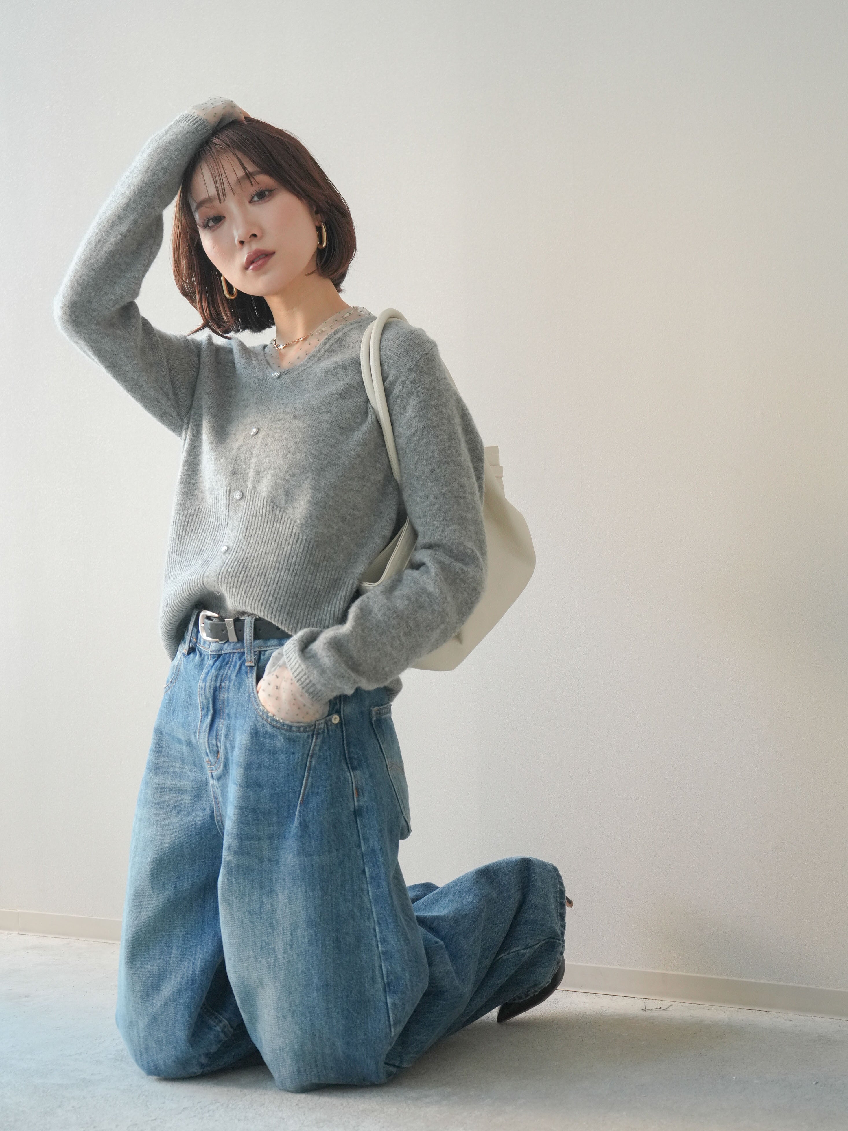 予約]ドットチュールレイヤードボタンニットトップス/gray – Lumier