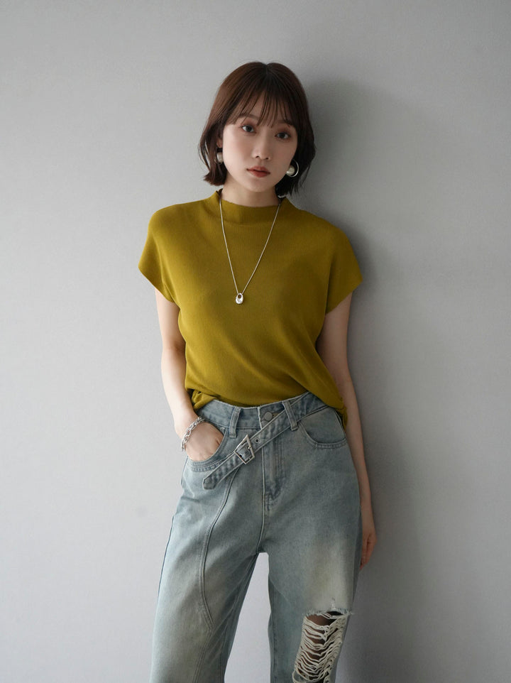 [Pre-order] Petite Neck Side Shirring Summer Knit Top/Green