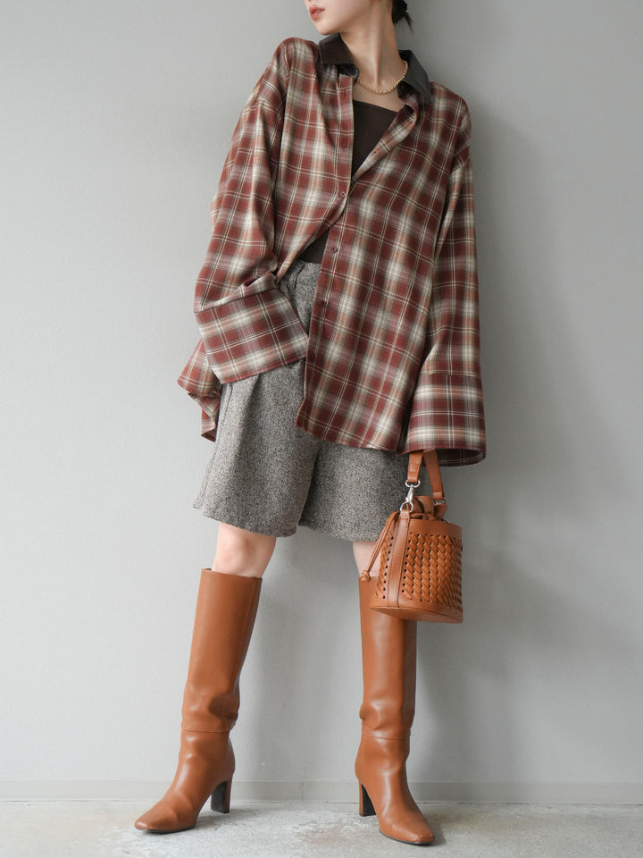 [SET]レザー襟オンブレチェックオーバーシャツ +ツイードハーフパンツ(2set)