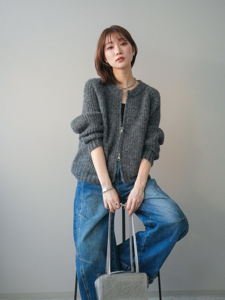 [予約]MIXヤーンモヘアタッチZIPニットカーディガン/gray