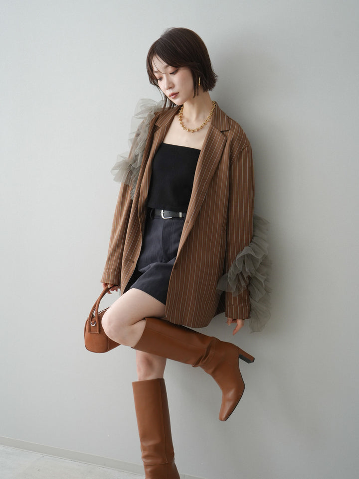 [予約]アシンメトリーチュールストライプジャケット/goldbrown