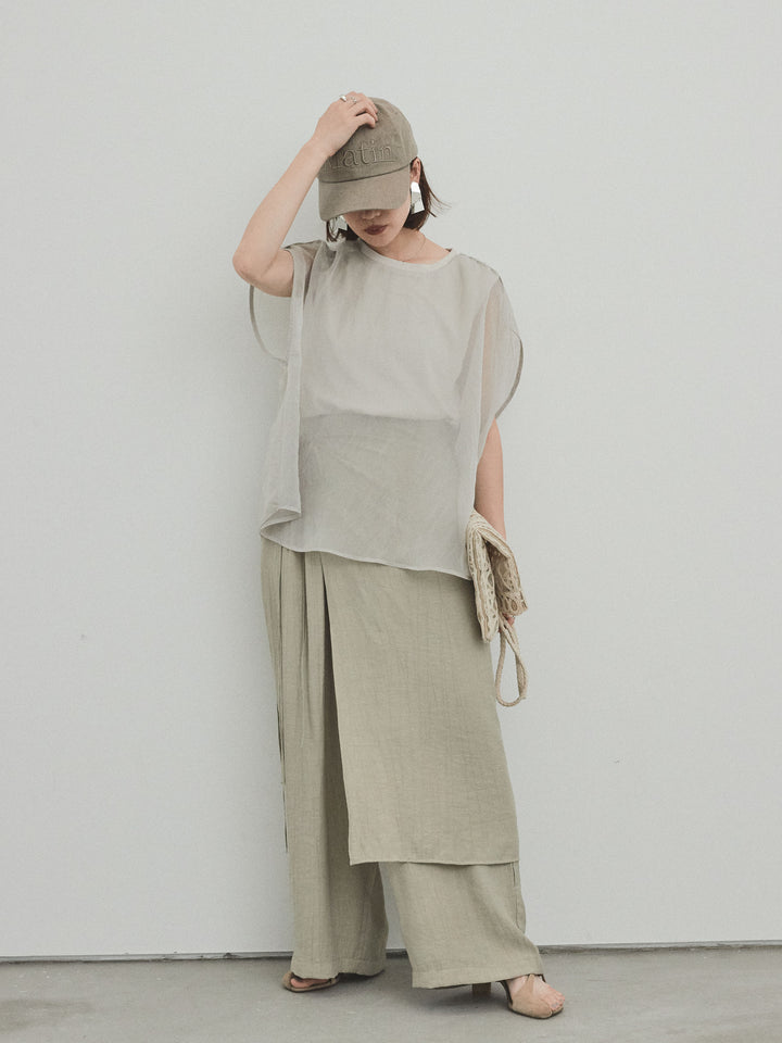 [予約]ワッシャーサテンレイヤードスカートパンツ/カーキベージュ
