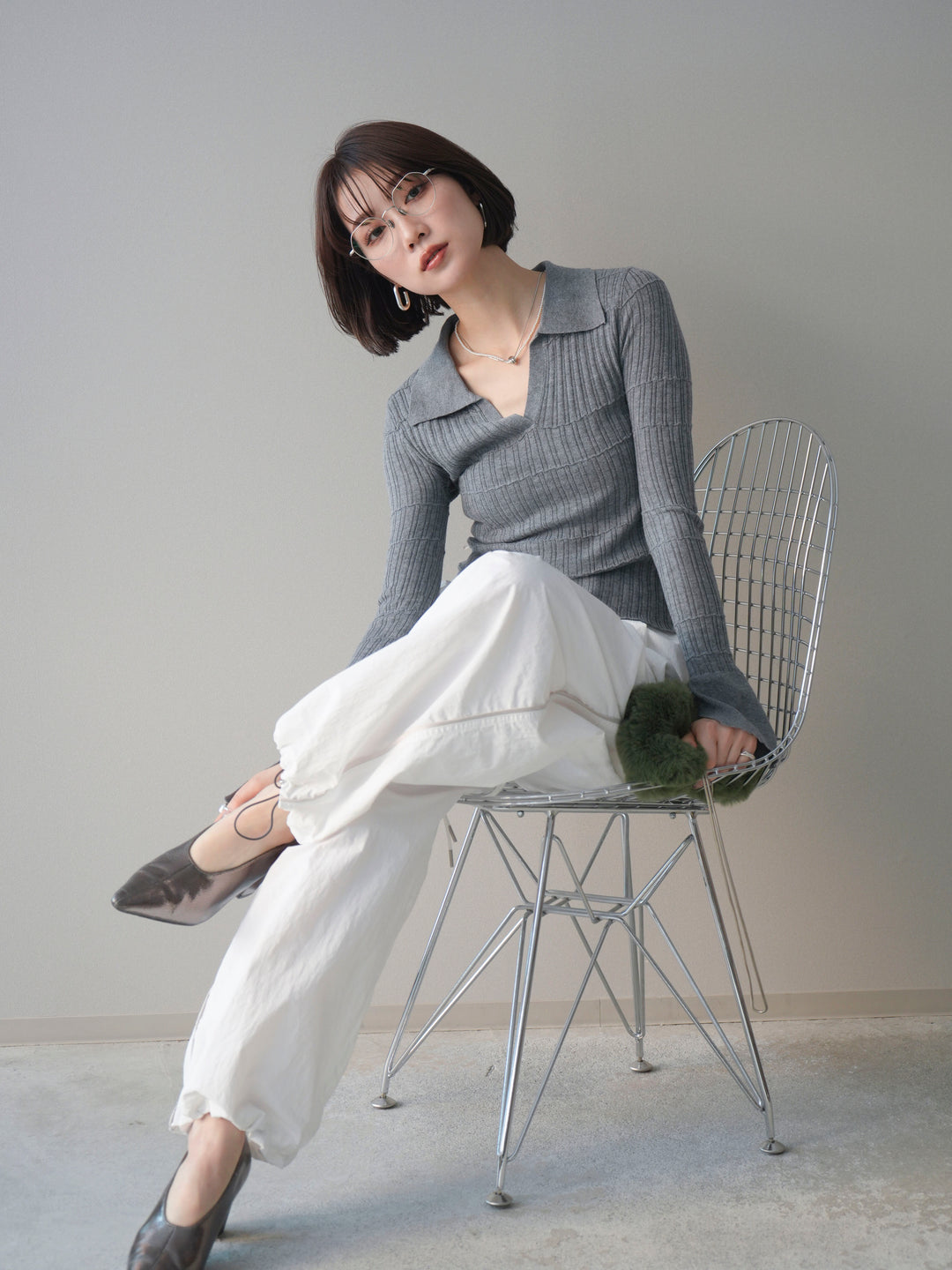 [予約]シアーリブスキッパーニットトップス/gray