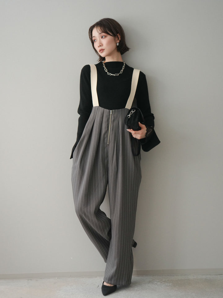 [SET]袖スカラップレースオフネックニットトップス+グログランテープストライプサロペット(2set)