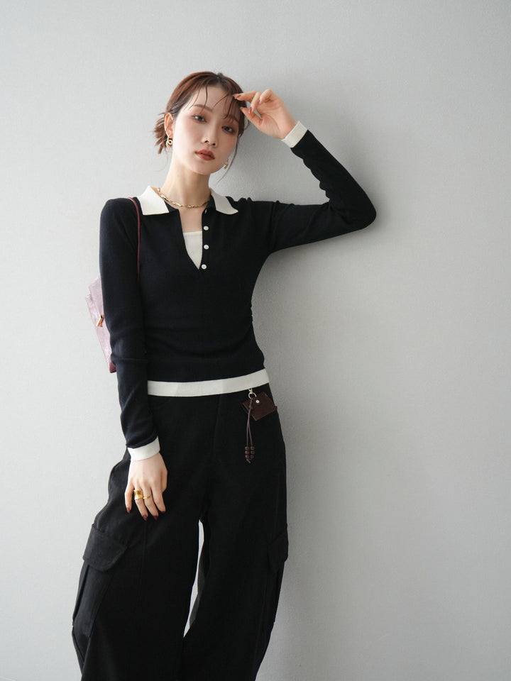 [予約]レイヤード配色ポロニットトップス/black