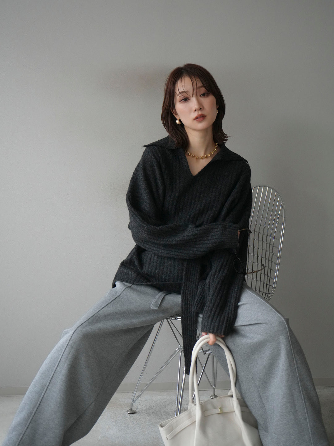 [予約]ワイドリブポロニットプルオーバー/darkgray