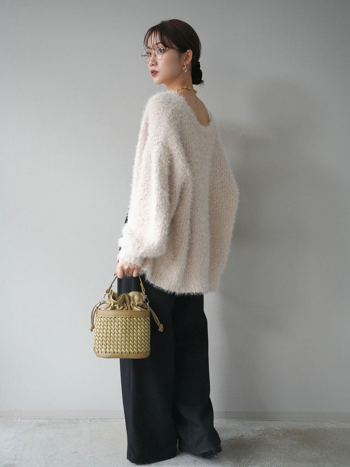 [SET]クルーネックランダムシャギーカーディガン+ベルトループデザインワイドパンツ(2set)