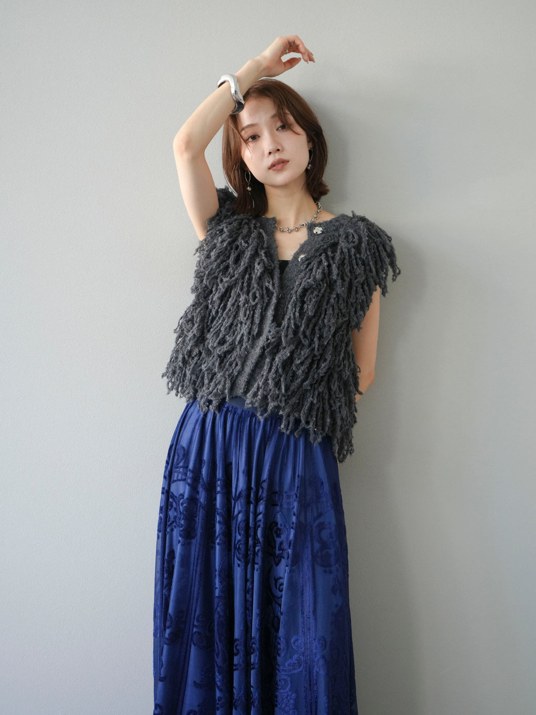 [SET]フリンジループニットベスト+アンティーク柄フロッキーマキシスカート(2set)