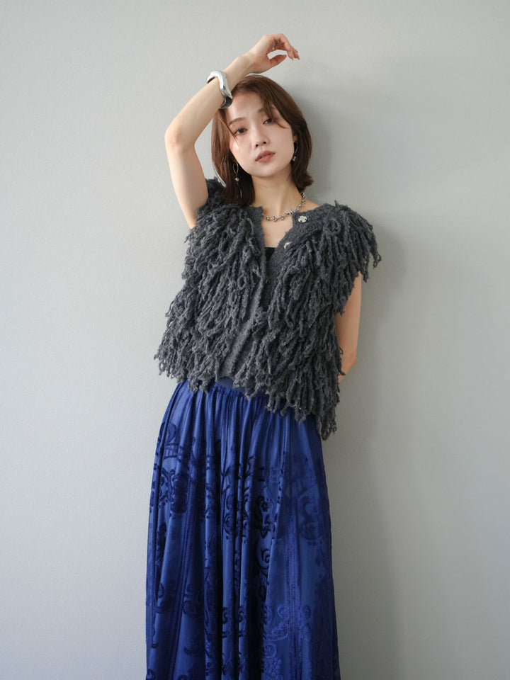 [SET]フリンジループニットベスト+アンティーク柄フロッキーマキシスカート(2set)