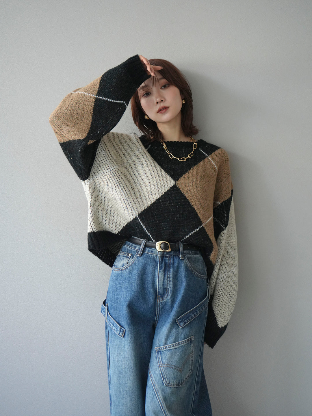 [予約]配色ステッチアーガイル柄ニットプルオーバー/black