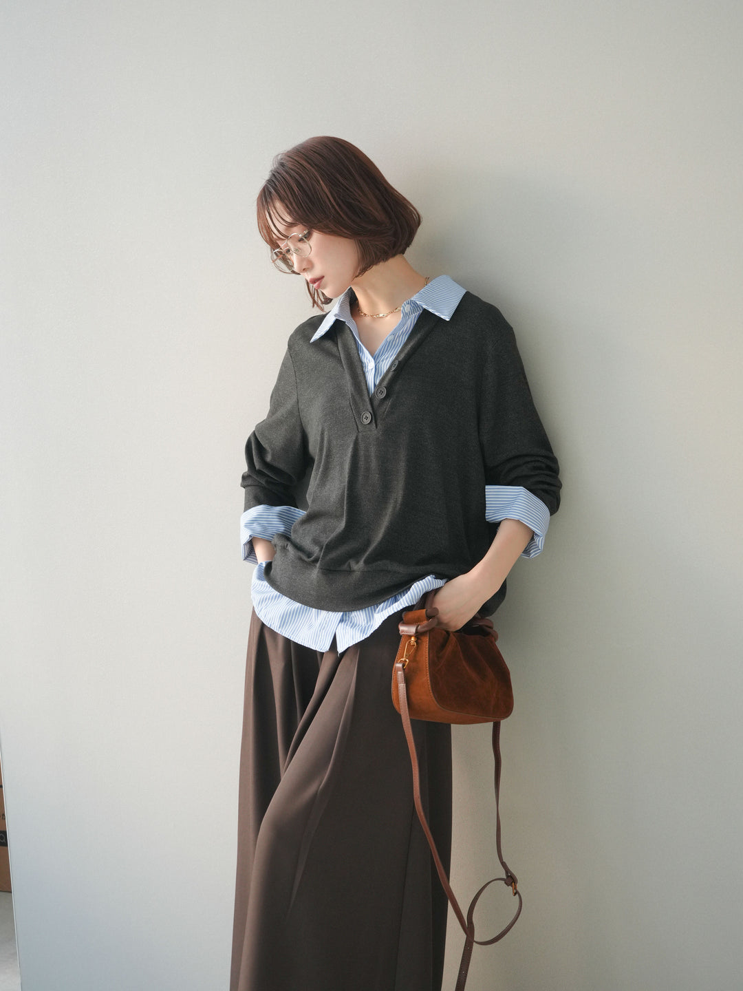 [予約]シャツレイヤードデザインカットプルオーバー/charcoal